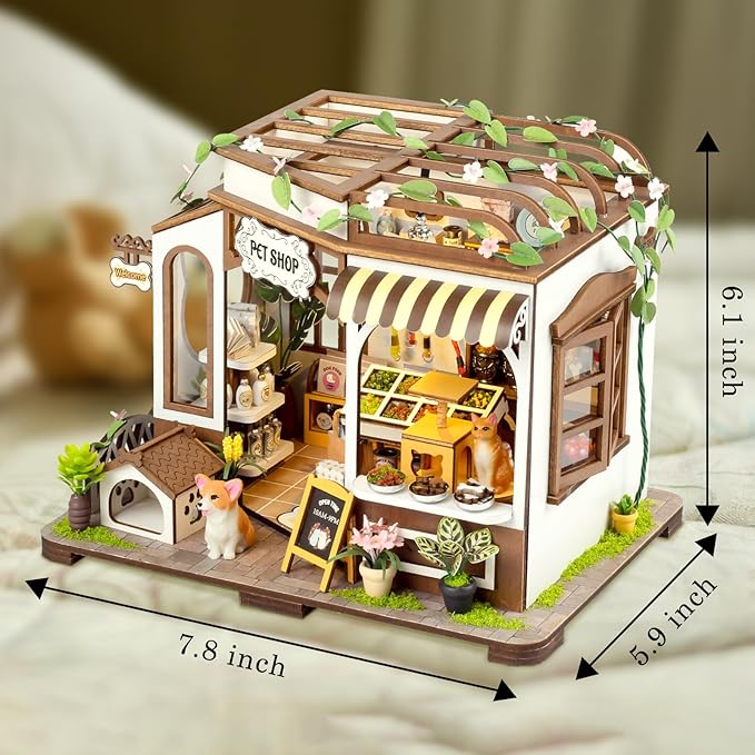DIY Miniature House Kit,Pet Shop Dollhouse Miniature Kit with LED & Furniture,Mini Diorama House Building Kit for Adults Teens,3D Wooden Crafts Tiny House Mini Model Kit,Home Decor Birthday Gifts