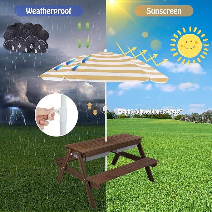 HONEY JOY Kids Picnic Table, 4 in 1 Cedar Wooden Sand & Water Table w/ 3 Removable Box & Umbrella, Kids Picnic Tables for Outdoors Backyard Garden, Toddler Patio Furniture Set for Boys Girls(Walnut)