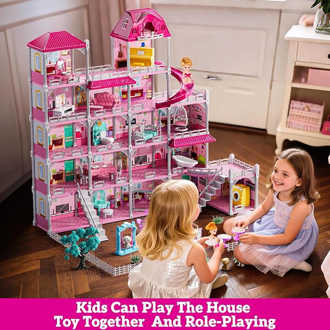Villa Playset for Girls Ages 3-7, Indoor Playset Girls Toys for Ages 6-8 with 4 Storeys 18 Rooms 4 Dolls, Furniture and Accessories, Pretend Toddler Toy, Birthday Gifts for Kids 3 4 5 6 7 8