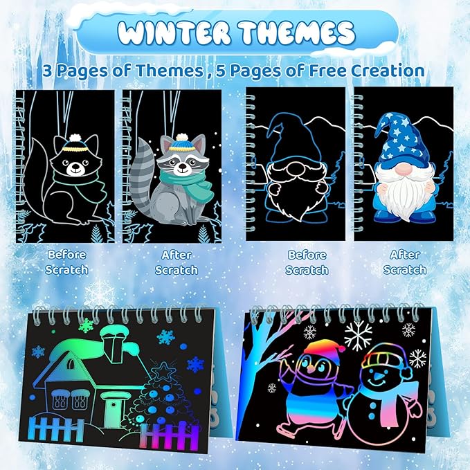 24 Pack Winter Scratch Art Party Favors for Kids - Rainbow Scratch Paper Snowflake Penguin Scratch Off Cards Frozen Birthday Goodie Bags Stuffers - Return Christmas Gifts DIY Classroom Prizes