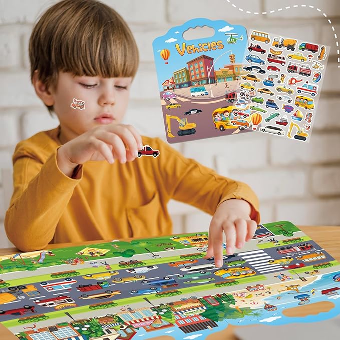 2 Set Reusable Sticker Books for Toddlers 2-4 Years, Puffy Reusable Sticker Activity Book for Kids Toddlers 1-3 Girls Boys Birthday Gifts Include Vehicles&Dinosaur