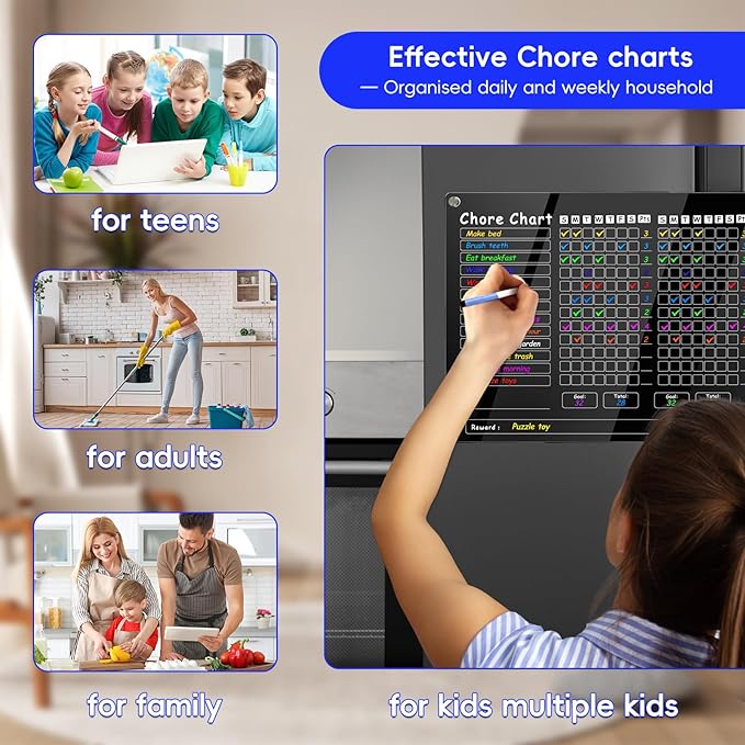 Acrylic Magnetic Chore Chart for Kids Multiple Kids，15"x11.8" Clear Dry Erase Reward Chart -Behavior and Responsibility Refrigerator Board for at Home Kids, Teens(w/ 8 Markers & Towel)