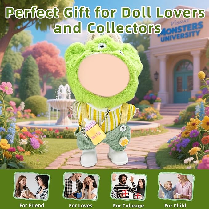 5 Piece Set -Premium Fashion Cute Clothes for 17cm Dolls,Stylish Accessaries Clothes Dress-Up,Includes—Plush Hat + Striped Top + Overalls + Bottle Charm + Shoes (Style K)
