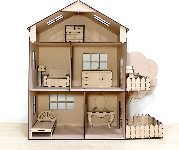 StonKraft Wooden 3D Puzzle Doll House - Home Decor, Construction Toy, Modeling Kit, School Project - Easy to Assemble (Doll House with Furniture)