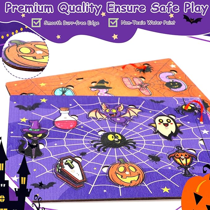 2Pcs Halloween Wooden Peg Puzzles Toys Magnetic Wooden Fishing Game for Toddlers Educational Puzzle for Years Old 3-5 Boy Girl Kid Halloween Basket Stuffers Fillers Gifts