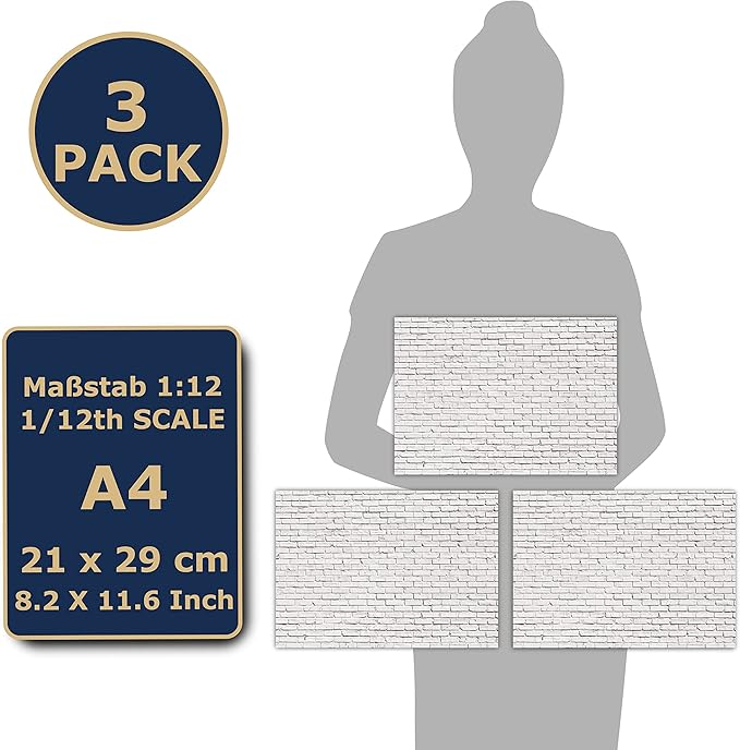 3 Sheets Self-Adhesive Wall Cladding for Dollhouse 1:12 Scale (Whitewashed Stone Wall)