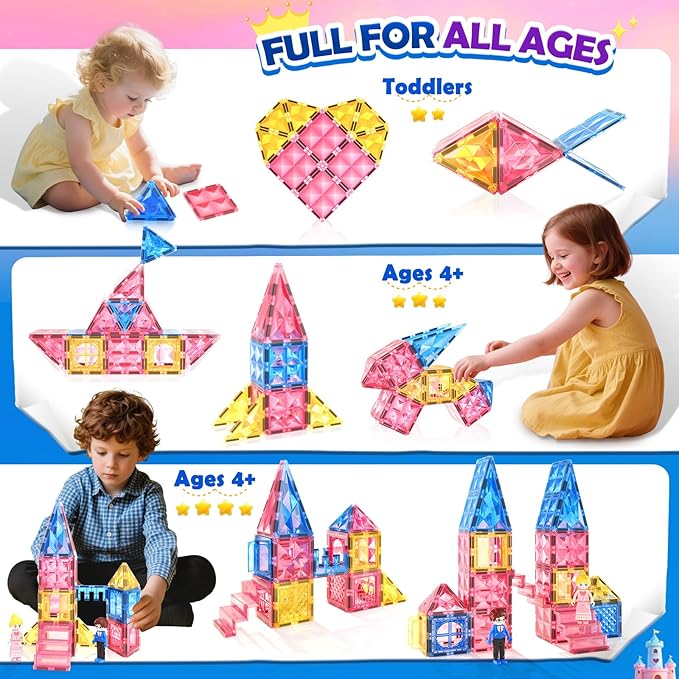 Diamond Magnetic Tiles for Kids: Magnet Building Blocks for Girls & Boys Age 3-8 Princess Castle Toy Birthday Sensory Game 4 5 6 7 8 12 Year Old Learning Classroom Must Have Decor