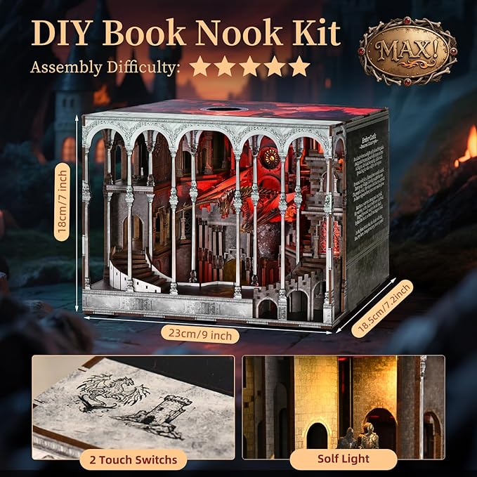 Book Nook Kit, DIY Miniature House Kit for Adults, Teens and Beginners, Dollhouse Booknook Library Tiny House Bookshelf Decor 3D Wooden Puzzle, Gifts for Family, Friends (Ember Castle)