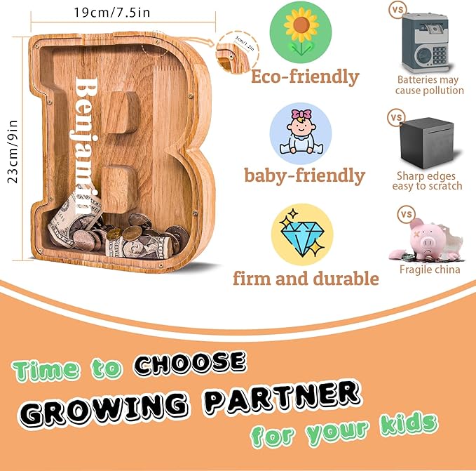 Wooden Letter Piggy Bank for Kids Larger Alphabet Letter Bank for Boys Initial Coin Bank Personalized Piggy Bank Wood Money Save Box for Birthday and Festival-Upgrade 9"" B Piggy Bank