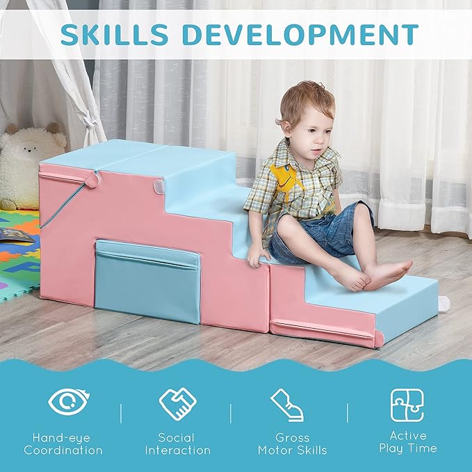 Qaba Toddlers Climbing Toys, Foam Climbing Blocks, 2 Pieces PU Leather Soft Play Set Indoor for Crawling or Sliding Aged 1-3 Years, Multicolor