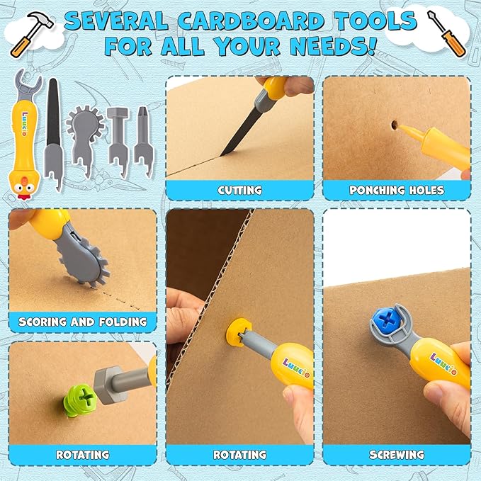 196 PCS Cardboard Cutter for Kids, Reusable Safe Cardboard Tools for Kids with Box, Gloves, Screws, Connectors, Screwdrivers, Saws, Educational Toys for 5 6 7 8 Year Old, Birthday Gift for Boys Girls