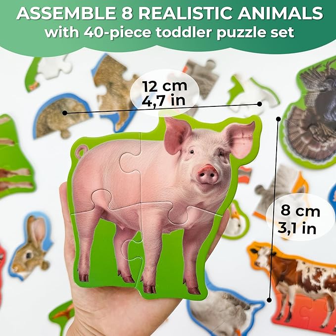 QUOKKA Toddler Puzzles Ages 2-4 - Large Floor Puzzles for Kids 3-5 - 8 Realistic Animal Shapes | Extra Thick Cardboard | Preschool Learning Game - 40 Big Piece Gift for Toddlers 1-3 Years Old