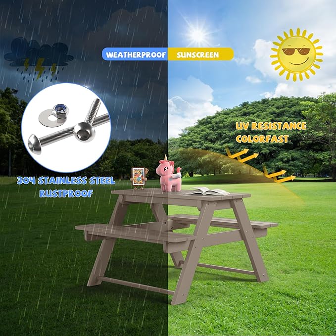 Costaelm Kids Picnic Table, HDPE All Weather Outdoor Toddler Picnic Table and Chair Set Kids Bench for Patio, Backyard, Garden, Lawn, Weathered Wood