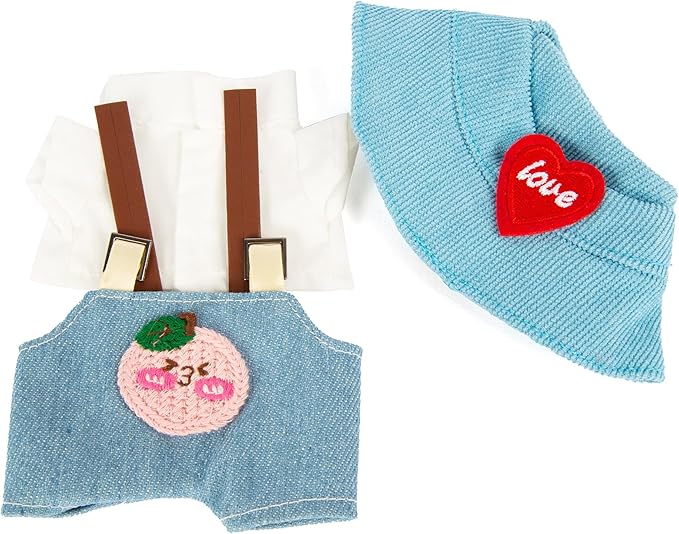 17cm Doll Outfits for Labubu - Kawaii Chic Style Set for 17cm Dolls, Cute Doll Clothes with Accessories - White Shirt + Pink Peach Blue Romper + Heart Shaped Blue Hat (Clothes Only)