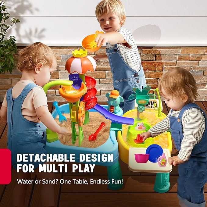Water Table for Toddlers 1-3, 4-in-1 Outdoor Sand and Water Play Tables with Pump, Summer Kitchen Sink Toy with Fishing Game, Floating Boat, Sensory Gifts for Kids Ages 3-8