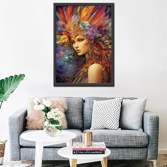 Tucocoo 1000 Piece Jigsaw Puzzles for Adults Woman Portrait Painting Jigsaw Puzzle Feather Flowers Girl 1000 Pieces Puzzles for Challenging Family Activity Game Abstract Art DIY Puzzle Wall Decor
