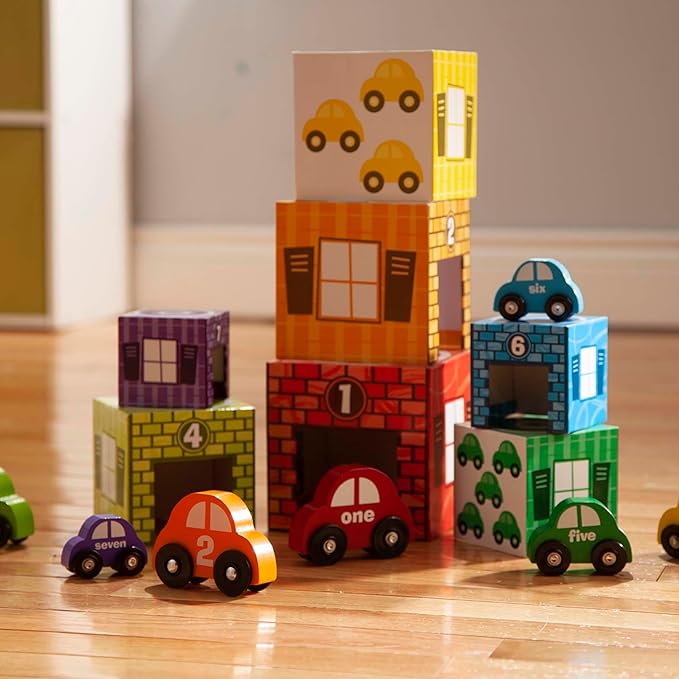 Melissa & Doug Nesting and Sorting Garages and Cars with 7 Graduated Garages and 7 Stackable Wooden Cars - FSC Certified