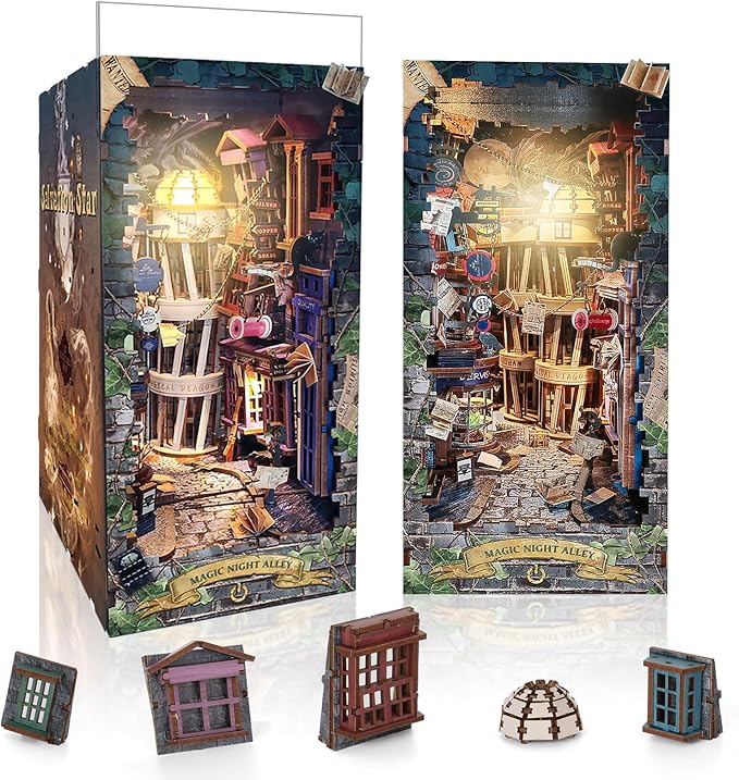 DIY Book Nook Kit,Miniature Dollhouse for Adults Teens,Booknook Bookshelf Insert Decor,Dust Proof 3D Wooden Puzzles,Tiny House Easter Halloween Home Decor,Birthday Gifts(Magic Night Alley)