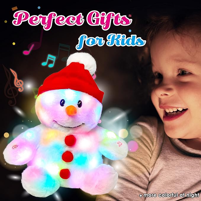 Cuteoy Light-up Singing Plush Snowman LED Musical Stuffed Animal Adjustable Volume Lullaby Plushies Birthday Christmas Toy Gifts for Kids Toddler Girls, 13"