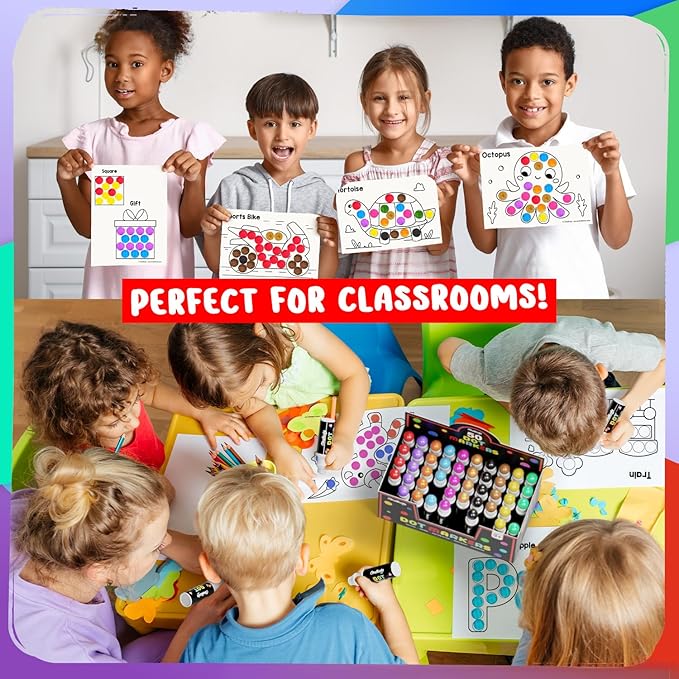 Chalkola 50 Dot Markers Bulk Classroom Pack (10 Colors W/Gold, 5 Activity Books) | Washable Bingo Daubers for Kids Toddlers Ages 1 2 3 4 5 - Art & Craft School Supplies for Preschool, Kindergarten