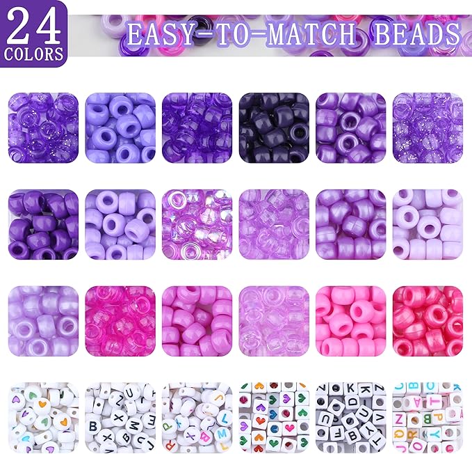 XIANNVXI 24Colours Pony Beads for Bracelet Friendship 720pcs Letter Kandi Purple Pony Beaded Kit Bracelet Making Kit for Jewelry DIY Crafts