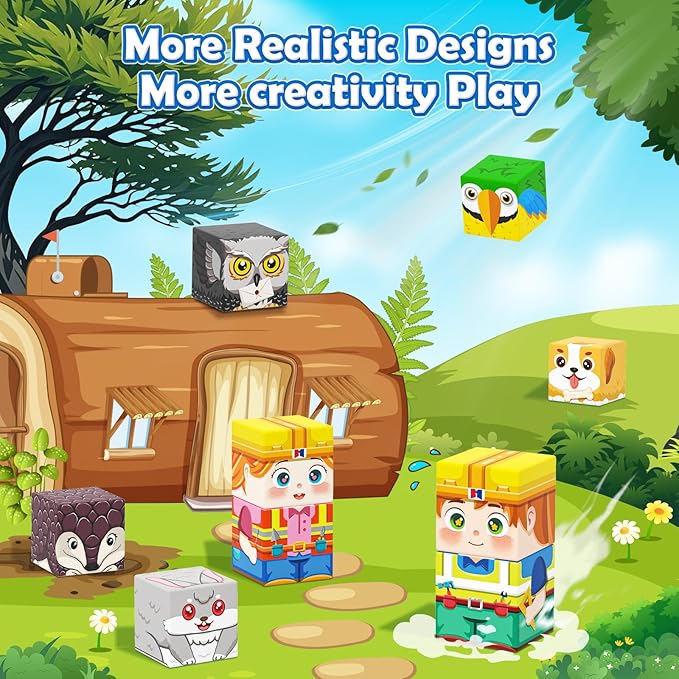 Magnetic Blocks with Forest Animals Toys, Build Mine Magnet World Set, Magnetic Tiles Building for Boys & Girls Age 4-8 5-7, STEM Montessori Sensory Toys for Toddlers Kids Gifts for 3+ Years Old