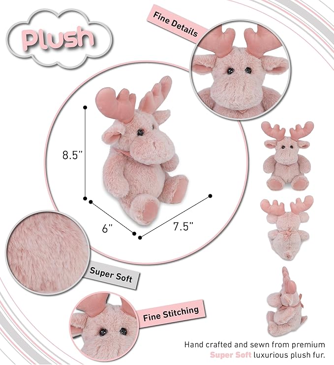 DolliBu Baby Pink Moose Stuffed Animal - Super Soft Stuffed Animals for Girls and Boys, Adorable Stuffed Wild Creatures for Kids and Cute Wild Animals Cuddle Stuffed Animals for Adults - 8.5 Inches
