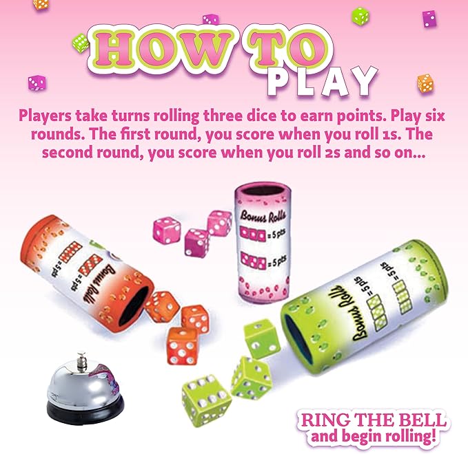 Continuum Games Retro Bunco Game Kit Party Box for Ladies Night 2-12 Players 3 Sets of Bunco Dice, Bell, and Score Pad for Game Night