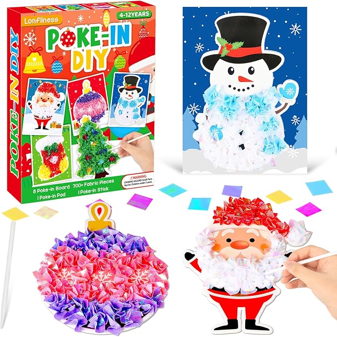 Lonfliness 8PCS Poke-in Craft and Art Kits Kids Christmas No-Mess Fabric Sewing Art Girl Boy 4-12 Puzzle Puncture Painting Santa Snowman Gingerbread Xmas Toy Gift Creative Activity Game Birthday Party
