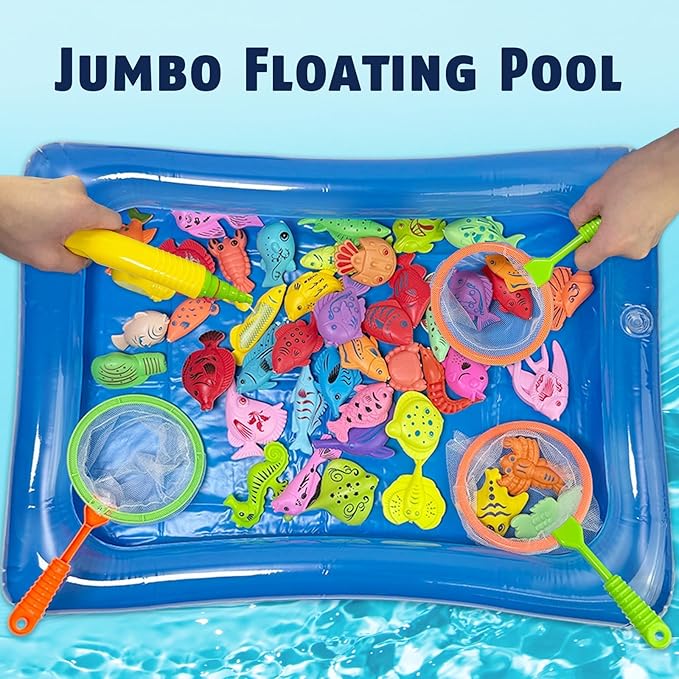 CozyBomB™ Magnetic Fishing Toys Game Set for Kids | Water Table Bathtub Kiddie Pool Party & Pole Rod Net, Plastic Floating Fish Toddler Color Ocean Sea Animals Birthday Age 3 4 5 6 Year