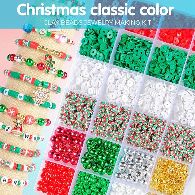 SJZWSD Christmas Friendship Bracelet Kit, 6200 Pcs Clay Beads for Bracelet Making, Christmas Beads for Jewelry and Craft Making with Storage Box