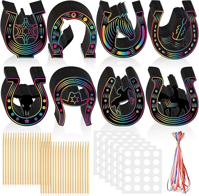 Western Cowboy Scratch Cards 80 Pcs Horseshoe Rainbow Scratch Art Paper with Wooden Stylus for Boys and Girls DIY Colorful Horse Craft Kits Home School Western Theme Birthday Festive Party Favors