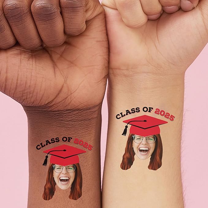 Big Dot of Happiness Custom Photo Red Grad Cap, Personalized Graduation Party Favors, Fun Face Temporary Tattoos, Set of 12