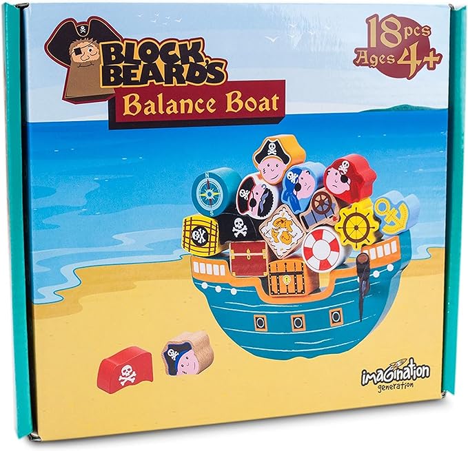 Imagination Generation Wooden Wonders Balancing Playset | Develops Dexterity, Motor Skills, Sharing Skills | Safe Wood & Paint | 18 PC Pirate Boat Playset
