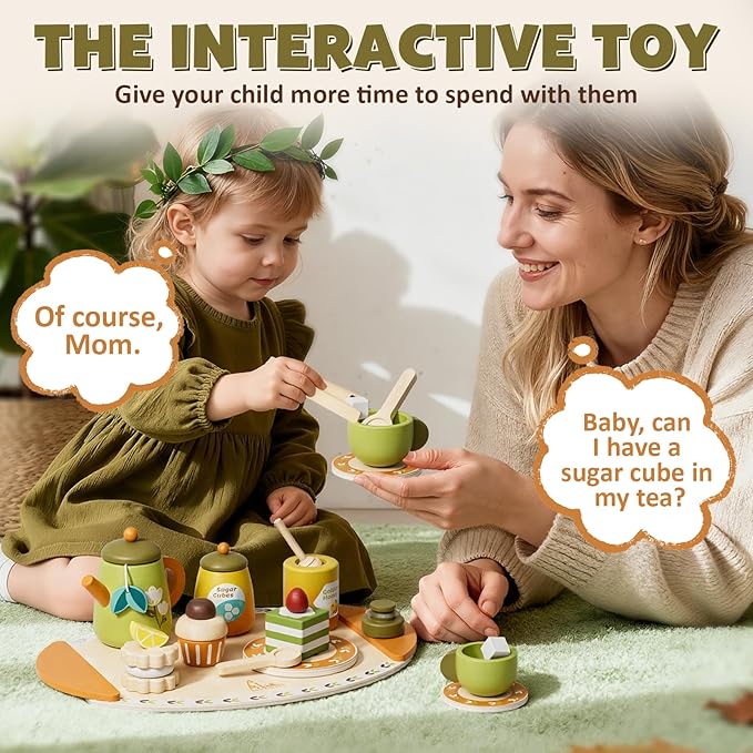 Timber Lulu Tea Sets for Toddlers 3-5, Wooden Play Food Set for Kids, Forest Tea Party Pretend Play for Toddlers 3-5, 4 Year Old Girl Birthday Gifts, Kids Kitchen Accessories