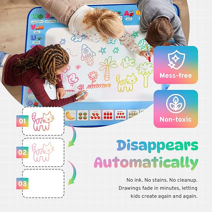 Water Doodle Mat | Mess Free Painting for Toddlers | Doodle Pad for Kids Ages 3-12 | Toddler Drawing Pad with Fillable Pens & Booklet | Fun and Interactive Water Mat for Girls & Boys | Sagemax