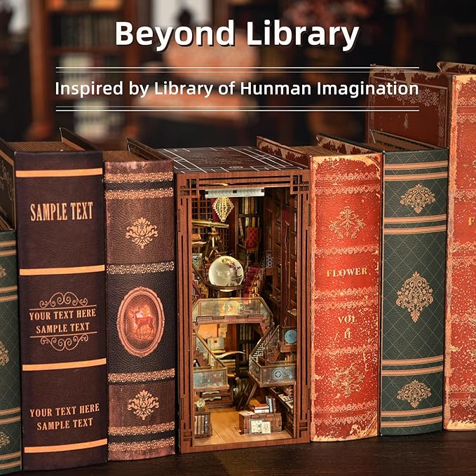 DIY Book Nook Kit, DIY Miniature Dollhouse Booknook Kit, 3D Wooden Puzzle Bookend Bookshelf Insert Decor with LED Light for Teens and Adults (Beyond Library)
