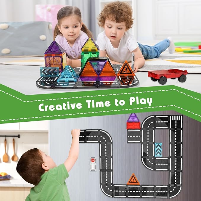 Magnetic Tiles Road Expansion Pack 48 PCS, Magnet Tiles for Kids Ages 3-5 4-8 5-7, Expansion Magnetic Building Blocks Educational STEM Creativity Toys 3+ Year Old Boys & Girls Toddlers Kids Gifts
