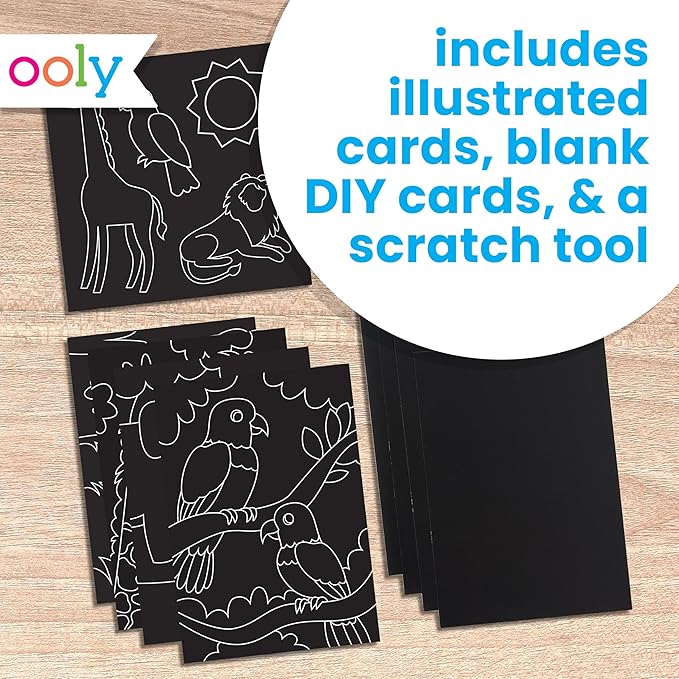 Ooly Scratch & Scribble 10pc Art Kit with 8 Total Scratch Cards (4 Illustrated, 2 Blank, 2 Rainbow) with Scratching Tool and Sparkled Stickers, Art Set Gifts for Kids - Colorful Safari