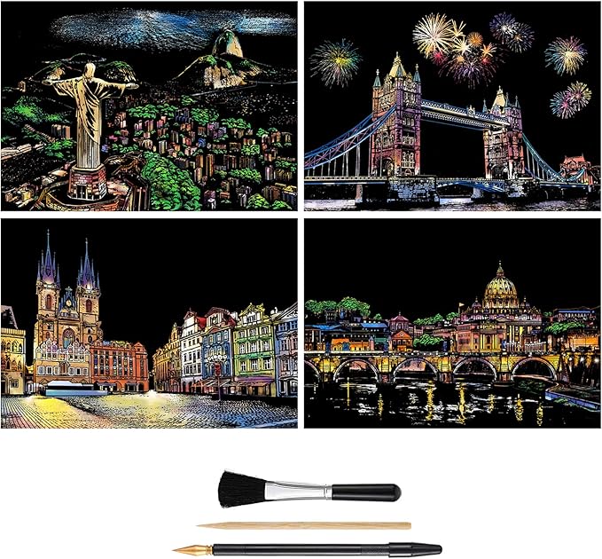Rainbow Scratch Art Painting Paper (A4) for Adults & Kids, DIY Night View Scratchboard, Engraving Art Set: 4 Sheets Scratch Cards & Clean Brush, Drawing Pen (Tower Bridge/Italy/Prague/Brazil)