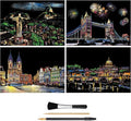 Rainbow Scratch Art Painting Paper (A4) for Adults & Kids, DIY Night View Scratchboard, Engraving Art Set: 4 Sheets Scratch Cards & Clean Brush, Drawing Pen (Tower Bridge/Italy/Prague/Brazil)