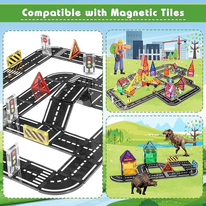 Magnetic Tiles Road Expansion Pack 48 PCS, Magnet Tiles for Kids Ages 3-5 4-8 5-7, Expansion Magnetic Building Blocks Educational STEM Creativity Toys 3+ Year Old Boys & Girls Toddlers Kids Gifts