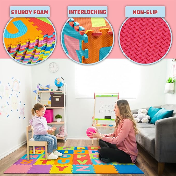 TOYVELT Foam Puzzle Floor Mat for Kids 12x12-30 Interlocking Play Mat Tiles with Colors, Alphabet, ABC - Educational Large Puzzle Foam Floor Tiles for Crawling, Exercise, Playroom, Play Area