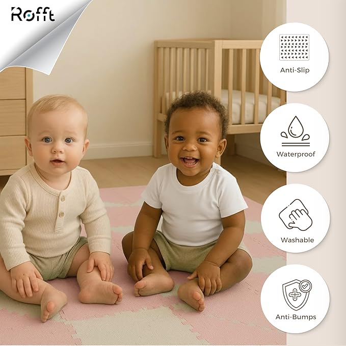 Little fun times Play Mat for Baby Large 72 Pieces, Assembled Total 64 x 64 inch 28,4 SqFt, Interlocking Floor Puzzle, EVA Tiles Playmat for Toddler and Kids, Two Colors Design with Edges.