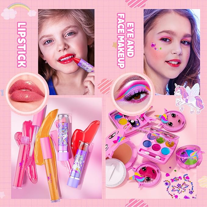 Kids Makeup Kit for Girl - Girls Makeup Kit Toys with Flying Horse Storage Case, Kids Play Makeup Set for Christmas Birthday Gift 3-12 Years Old