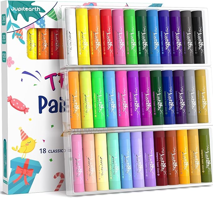36 Colors Tempera Paint Sticks with 120 PDF Coloring Pages and 30 Stickers, Quick Drying, Smooth, Non-Toxic and Washable Paint Sticks for Kids Drawing on Pumpkin, Wood, Rock, Glass