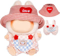 17cm Doll Clothes for Labubu - Kawaii Chic Style Set for 17cm Dolls, Cute Doll Outfit with Accessories - Pink and White Check Romper + Heart Shaped Pink Hat (Clothes Only)