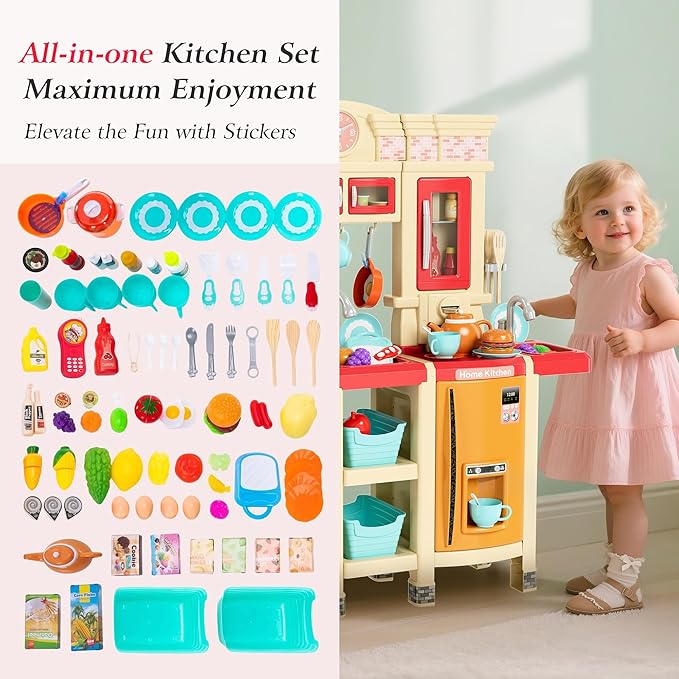 【2025 Upgraded】 Kitchen for Kids Interactive Play Kitchen for Kids Toddlers-Lightweight Easy-Install Pretend Kitchen with Tablet Ordering, Music, Lights Sounds, Steam Stove, Sink & Dishwasher(Pink)