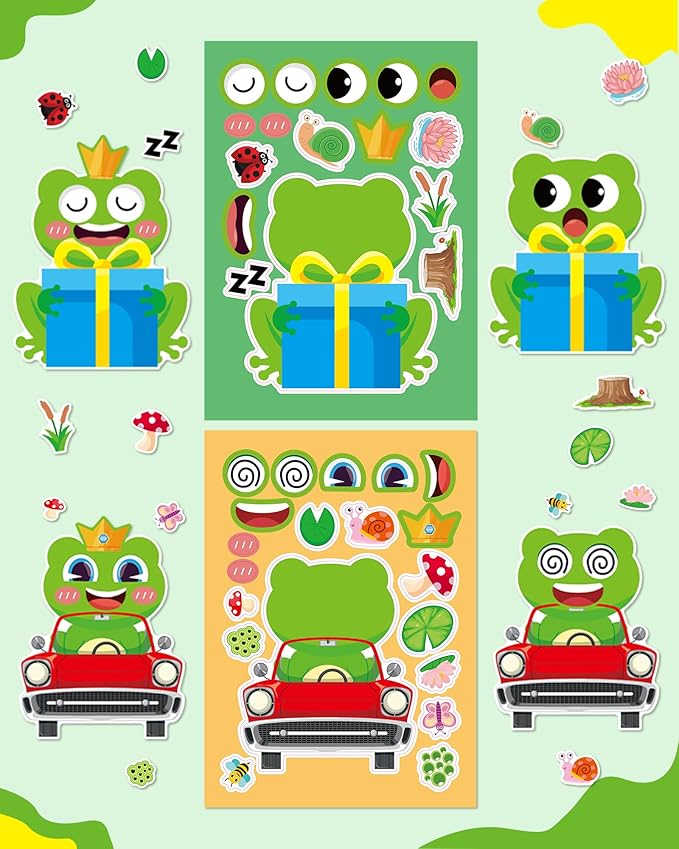 Aowplc 32 Sheets Frog Make-a-Face Stickers for Kids 8 Cute Designs Frog Craft Activities & Party Favors