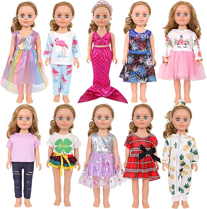 MSYO 10 Sets Doll Clothes for 17 - 18 Inch Dolls, 16 Pcs Fashion Outfits Variety Pack, Floral Dresses, Casual Wear & Pajamas, Girl Doll Dress - Up Set for Play & Gifting